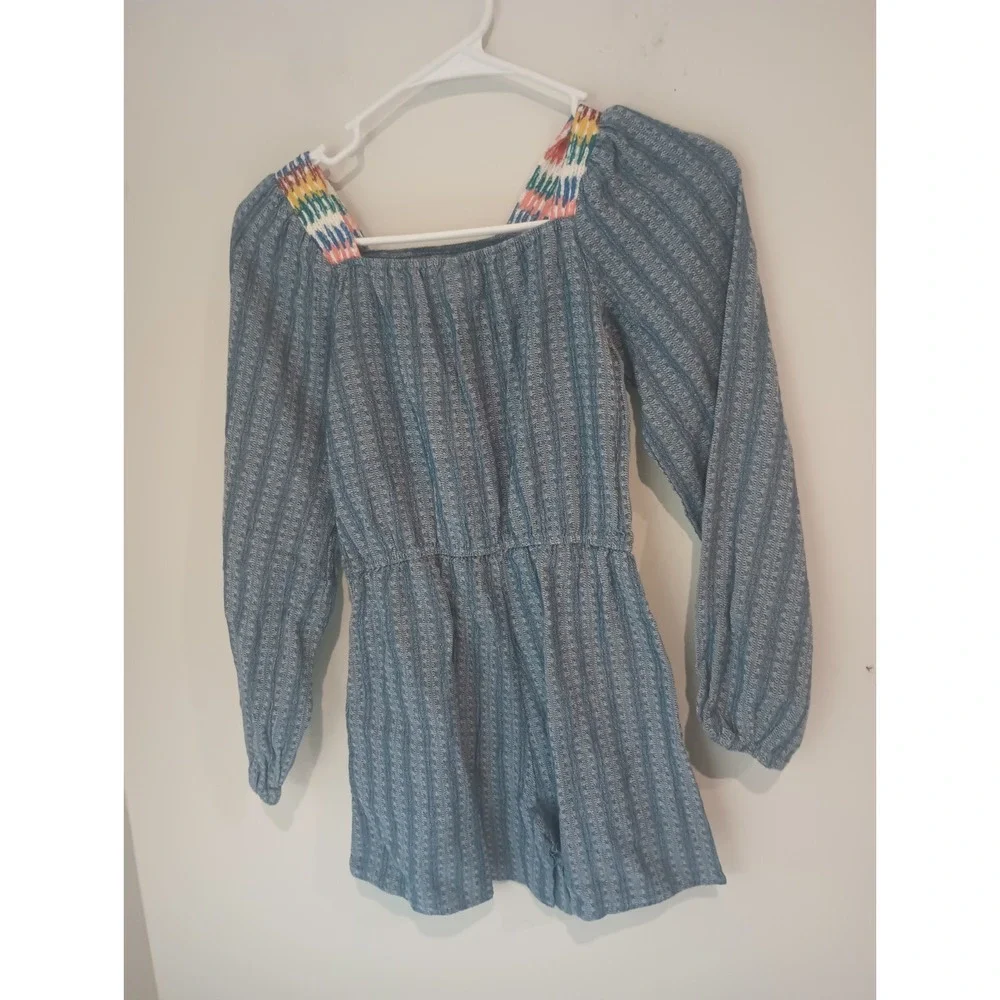 Art Class Girls Medium 7/8 Romper Blue Long Sleeve Embroidered Shoulder Tassel